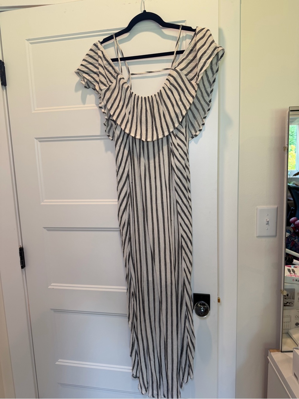 Astr Cream and Black Striped Off-Shoulder Midi Dress